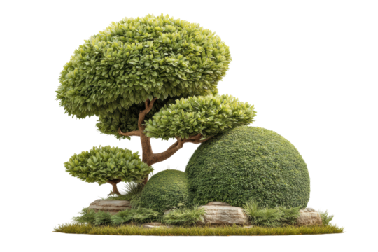 PNG Lush green topiary artistry: beautifully shaped trees and bushes in a serene garden