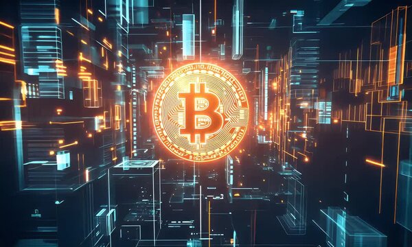 Bitcoin glowing in a futuristic digital world, symbolizing cryptocurrency, blockchain, and modern finance technology.