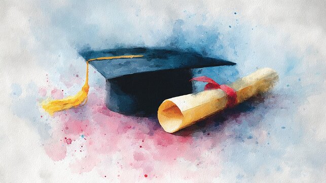 graduation celebration artwork with graduation cap and diploma scroll in watercolor style elegant and artistic illustration achievement. High quality - Powered by Adobe
