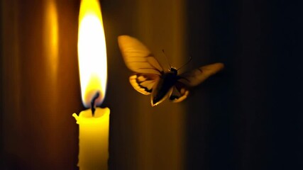 Translucent winged moth rests on glowing candle, illuminated by warm yellow light in dark setting, symbolic of fragility