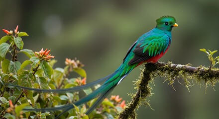 Resplendent Quetzal Perched on Mossy Branch