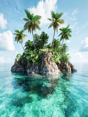 Serene Tropical Island Paradise Palm Trees, Crystal Clear Waters, and Lush Greenery