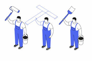 Team of workers dressed in blue uniforms holding various tools symbolizing hardworking construction professionals