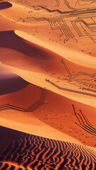 Faded orange sand hills alive with blinking black circuits wallpaper background vertical design concept