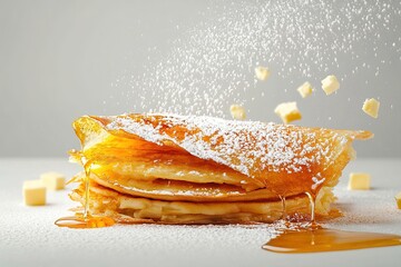 Stacked pancakes drizzled with syrup and powdered sugar.