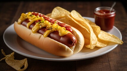 Hot dog with chips and tomato sauce
