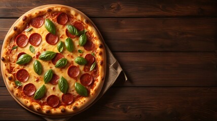 Pepperoni pizza with basil on wooden surface