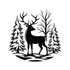 Black Silhouette of a Majestic Deer with Antlers Standing in a Forest Landscape