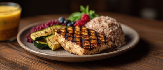 Grilled Zucchini and Chicken Lunch on Rustic Plate with Garnish