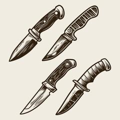 Survival Knife Vector Set, Vintage Hunting Knife Clipart, Outdoor Blade Illustration in Engraved Style

