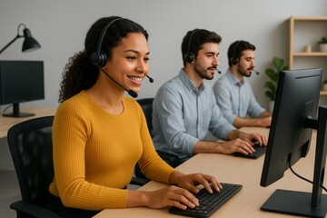 Professional Customer Service Team Working in Modern Office Using Computers and Headsets Providing Excellent Support and Assistance to Clients Ensuring High Quality Service and Efficient Communication