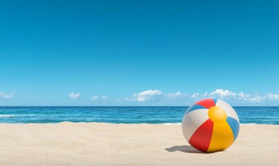 Colorful Beach Ball on Sandy Shore with Clear Blue Sky and Ocean