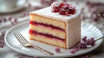 Elegant Victoria Sponge cake slice with layers of jam and cream