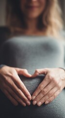 Close-up of Pregnant Woman&rsquo;s Hands Forming Heart Shape Over Belly