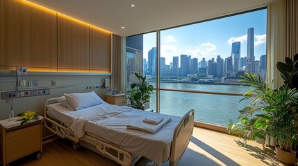 Modern hospital room with a comfortable patient bed and large window showing city skyline view