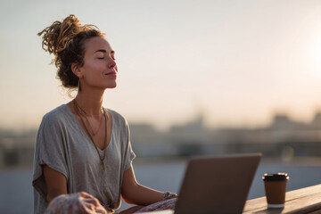 Young woman meditating outdoors at sunset with a laptop and coffee cup on a table. Great for wellness, digital detox, mindfulness, or remote work lifestyle concepts.