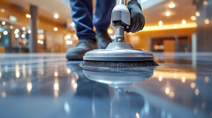 Close-up of janitor cleaning floor with polishing machine indoors