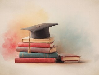 graduation cap and stacked books set against a soft watercolor backdrop, warm hues with ample space for personalized text, elegant and inspiring composition. High quality. High quality