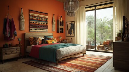 Obraz premium Bright, colorful bedroom with bohemian decor, featuring a large bed, patterned rugs, and wall hangings