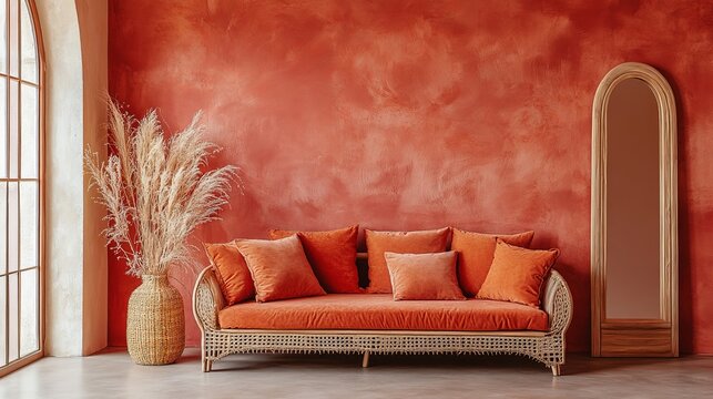 Rustic terracotta living room with wicker couch and pampas grass