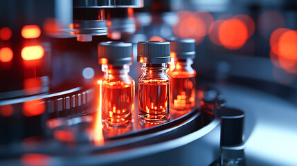 Close-up view of vials on a pharmaceutical production line