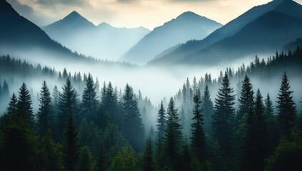 Obraz premium Misty Mountain Forest Valley.