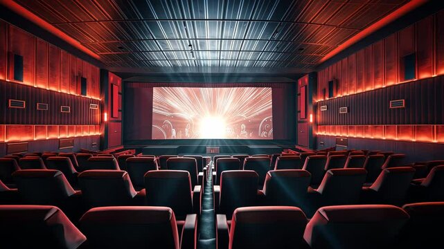 Cinema theater with movie scene on wide screen and empty chairs in the cinema hal
