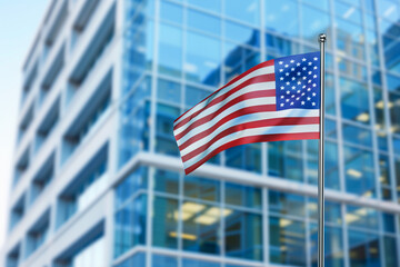 US America national flag and government building with skyscrapers.
