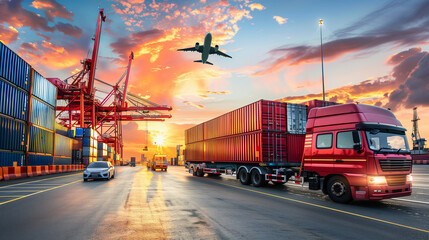 Obraz premium Logistics, container Cargo ship transportation with working crane bridge in deep sea port for import export.