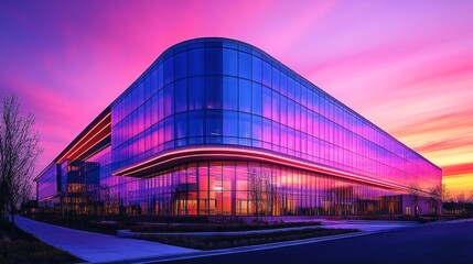 Sleek modern hospital building glowing under a vivid twilight sky, reflecting light on glass surfaces, symbolizing hope and innovation