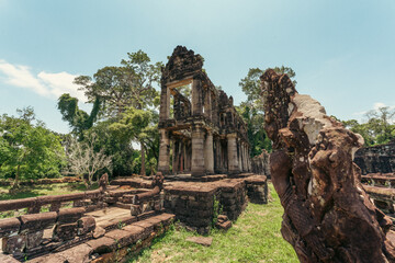 Ruins and exquisite carvings in Preah Khan Temple at Angkor Wat, Cambodia