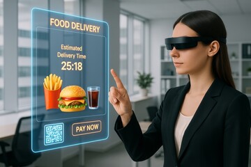 Modern Woman Uses Smart Glasses for Food Delivery Ordering a Delicious Burger Fries and Soda Online via Innovative Technology Digital Interface Futuristic Ordering System QR UI UX App Fast Meal Hand