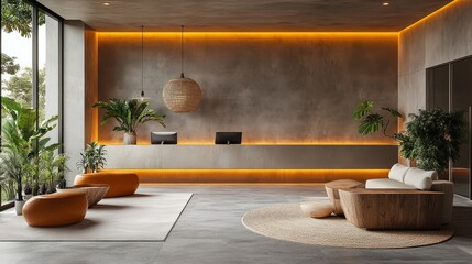 Sophisticated clinic reception lounge featuring natural materials, modern furniture, and a relaxed hospitality vibe