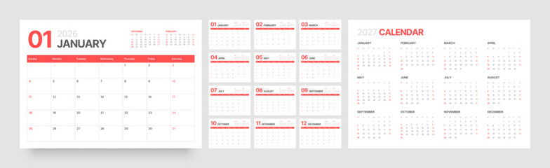Monthly calendar layout for 2026 year. Diary planner for 2026 year. Week Starts on Sunday. 