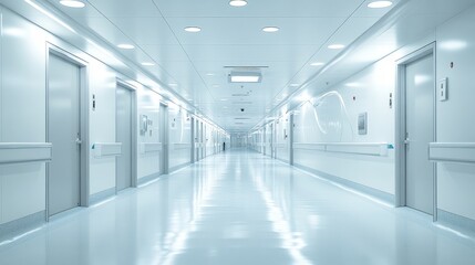 Obraz premium Sterile hospital corridor with closed doors on both sides, evenly spaced ceiling fixtures, and no visible personnel