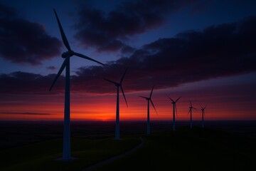 Obraz premium Majestic Wind Turbines Silhouette at Sunset Dramatic Red Sky Clean Energy Renewable Power Sustainable Technology Environmental Conservation Alternative Energy Sources Nature Landscape Scenery Rural 