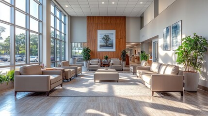 Upscale healthcare space with wood accents, natural lighting, plush furniture, and serene design elements