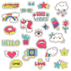 Set of different stickers with unicorn, characters, food, clouds, rainbow, stars, objects. Vector fashion cartoon elements for stickers, patches or pins.