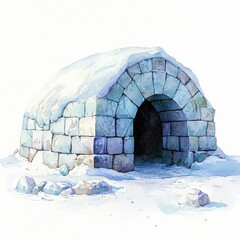 Snowy igloo structure in a winter landscape with ice and snow