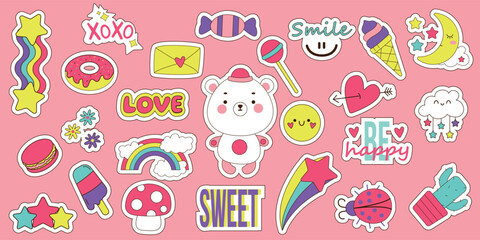 Set of different stickers with teddy bear characters, food, clouds, rainbow, stars, objects. Vector fashion cartoon elements for stickers, patches or pins.