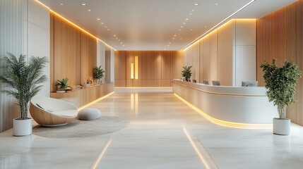 Fototapeta premium Wide-angle view of a high-end hospital reception area featuring soft ambient lighting, indoor plants, and minimalist architectural elements