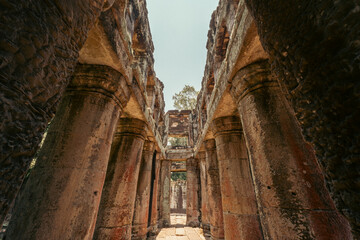 Ruins and exquisite carvings in Preah Khan Temple at Angkor Wat, Cambodia