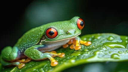 Obraz premium Tropical Tree Frog on Leaf, Rainforest, Close-up, Dew Drops