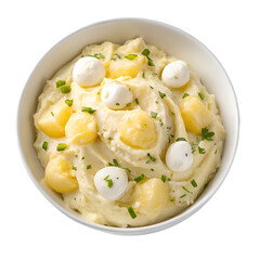 Potato salad with cream on white bowl top view isolated on white background