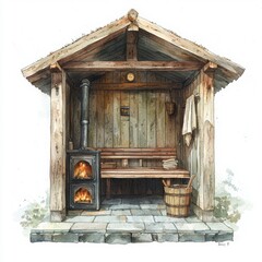 Cozy Wooden Sauna with Stove and Relaxation Area in Nature Setting