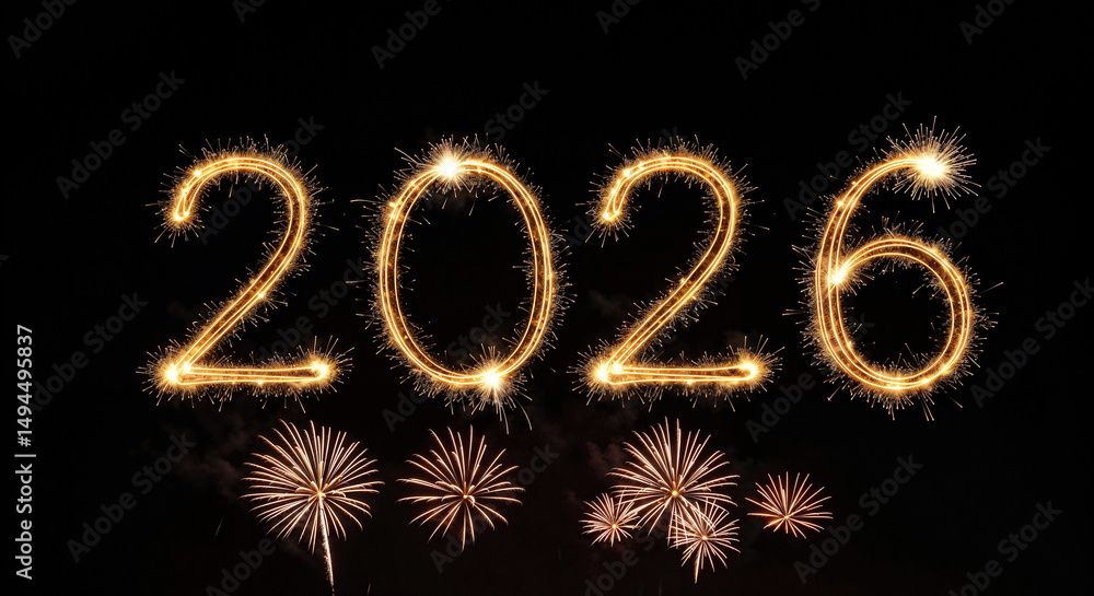 Aufkleber new year numbers 2026 on a dark background with fireworks . generative ai