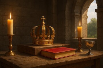 Royal Golden Crown Antique Book Candles Medieval Regal History Throne Ancient Majesty Power Symbol Religious Ceremony Spiritual Illuminated Mystic Elegant Ornate Vintage Luxury Gilt Splendor Divine   