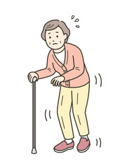 手足の震えがある高齢女性が杖をついて恐る恐る歩くイラスト
