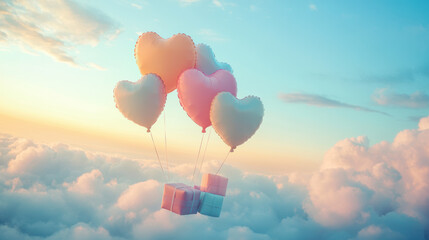 Obraz premium A Box flying on a parachute with pink cloud in valentine day,package flying down from sky and cloud with parachute, concept for delivery service,shopping online,air delivery service.