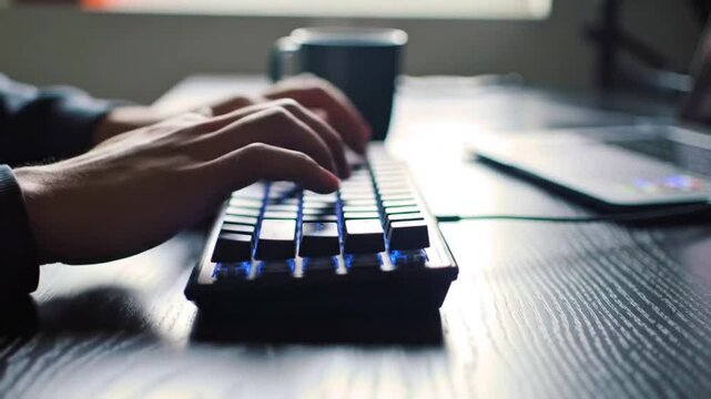 Close-up of female hands typing on a modern computer keyboard, representing productivity, digital work, and office activity in a professional or remote workspace environment.

